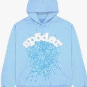 Sp5der Sky Blue Hoodie with Web Graphic